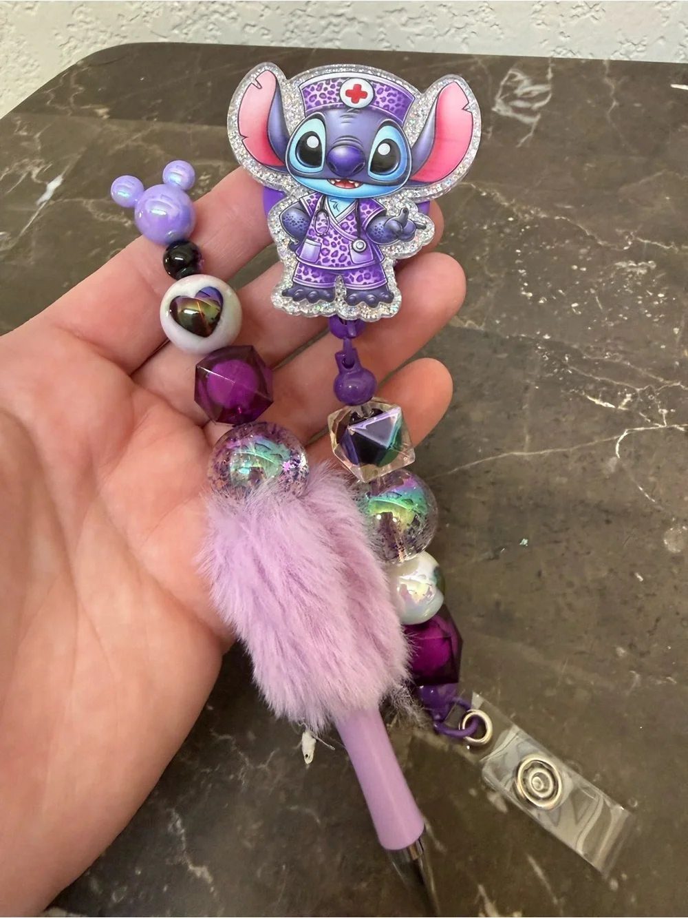 Stitch Nurse Purple Fuzzy Beaded Pen and Matching Badge Reel Set Handmade